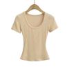 Estilo Francés Sexy Ajustado Elástico Ceñido Top Corto Mujer Deseo Puro Cuello U Grande Cintura de Relojería con Hilo Camiseta de Manga Corta
