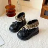 Botas negras de cuero forradas de felpa para niñas, botines de invierno para niños, botas de princesa con lazo para bebé niña