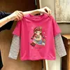Blusa listrada de algodão puro para meninas, um novo estilo primavera/outono, disponível nos tamanhos médio e grande, camiseta de manga comprida para crianças, camiseta de bebê da moda