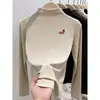Camiseta Manga Longa Gola Meia-Alta Regular Melanóide Bambu Escovado Algodão Ombro Normal Top Versátil Emagrecedor Gola Integrada Outono
