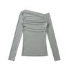 Diseño Spice Girl Hombro Descubierto Cuello Oblicuo Plisado Manga Larga Camiseta para Mujer Principios de Otoño Ajustado Adelgazante Base Interior Top