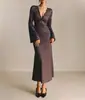 Vestido largo estilo vintage de lunares con escote en V pronunciado, ribete de encaje, manga acampanada, entallado a la cintura, adelgazante, estilo sirena, venta al por mayor