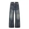 Pantalones Largos de Mezclilla Lavada con Degradado Punk Americano para Hombre Tendencia Street Punk Plisados Bordes Desgastados Rasgados Casuales de Pierna Recta