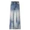 Jeans Retrô Americano Resistente com Rebites Lavado para Homens e Mulheres 2026 Calças Largas Casuais de Perna Reta Micro Flare Empilhadas