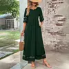 Nuevo Vestido de Mujer Talla Grande de Comercio Exterior Transfronterizo con Mangas de Tres Cuartos, Cuello Redondo de Malla y Bolsillos de Retazos