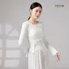 Figurino de dança clássica, camiseta feminina de manga longa slim fit com gola redonda e acabamento franzido, com fenda, adequada para dança moderna