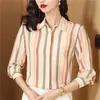 Blusa feminina listrada de manga longa, design de verão, nicho, retrô, seda pesada, camisa de seda de amoreira, feminina, modeladora