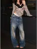 Jeans de Sarja Azul Retro Americano com Padrão de Raio e Rebites Feminino Primavera Outono Novo Solto Emagrecimento High Street Calças Retas de Perna Larga