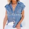2024 Verano Nuevo Estación Independiente Exportación Retro Camisa de Mezclilla de Manga Corta Azul Camisa Top Estilo Europeo y Americano Ropa de Mujer
