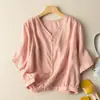 Blusa de Algodão com Manga Sete Outono Fina Respirável Camisa Primavera e Verão Estilo Retrô plus size Decote V Curta