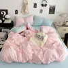 Conjunto de cama de quatro peças em gaze de algodão lavado de camada dupla em estilo princesa, capa de edredom 100% algodão, lençol de cama de algodão tricotado puro, conjunto de cama de três peças