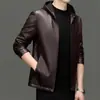 Jaqueta de Couro Masculina Outono/Inverno 2026, Casual de Negócios para Meia-Idade com Capuz, Zíper, Forro de Fleece, Casaco de Couro Espesso para Homens