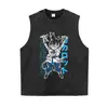 Camiseta Negra Desgastada Algodón Puro Oversize Anime Japonés Estilo Callejero Unisex Casual Cuello Redondo Manga Corta Transfronterizo