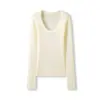 Suéter de tricô com gola U, 48 fios YangziCHAO fino, 100% lã Merino, para mulheres, blusa básica afuniladora para o outono