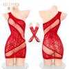 Feimu Vestido de Malla de un Hombro Rosa Caliente Desgarrable 7564 Lencería Sexy Tentación de Perspectiva de Deseo Puro Sexy