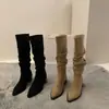 Botas de gamuza de tacón alto estilo Western hasta la pantorrilla para mujer, nueva colección otoño/invierno 2024, con forro de felpa, punta fina y un diseño alto y apilado, que se asemeja a las botas de montar