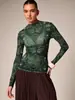 Bestseller transfronterizo europeo y americano retro paisley malla manga larga corte ajustado transparente sexy top básico