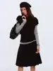 Chal de punto negro de alta calidad de manga corta Qiaomi para mujer Otoño/Invierno Conjunto de dos piezas con top base de manga larga
