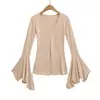 686-25 Nuevo Estilo Otoño Manga de Campana Parte Inferior con Abertura Top Camiseta Americana Puro Lust Desnudo Sexy Escote en V