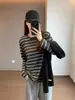 Camiseta Básica de Felpa Suave y Amigable con la Piel, Versión Holgada, Color Contrastante, Cuello Redondo, Rayas, Manga Larga, Doni Dn Perezosa y Práctica