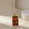 Colar com Pingente Retangular Colorido em Aço Inoxidável Retro Europeu e Americano Tarot Estrela Lua Sol Corrente para Suéter