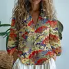 Fábrica de Origen 1688 Camisa de Mujer con Estampado de Flor de Ciruelo Vintage Holgada Cuello Solapa Blusa de Oficina Exclusiva para Venta Transfronteriza