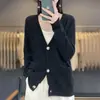 Cardigã de tricô fino elegante com decote em V e bolsos, top liso de cor sólida soltinho para mulheres, jaqueta preta do fabricante