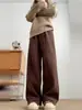 Calça larga de cintura alta de arroz glutinoso marrom para mulheres, Primavera, Outono e Inverno, forrada com fleece, Nova, Solta, Casual, Esportiva