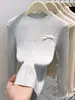 Suéter de Punto con Lazos de Encaje y Cuello Redondo de Manga Larga para Mujer, Nuevo Top Camiseta Base Ajustada de Otoño e Invierno