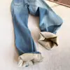 Jeans Gruesos Rectos Holgados Forrados de Polar Azul Claro para Mujer, Nuevos de Otoño e Invierno de Cintura Alta Adelgazantes con Caída Versátiles de Pierna Ancha