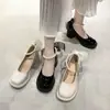 Zapatos Pequeños de Cuero Mary Jane para Mujer 2025 Verano Nuevo Estilo Perla Tacón Grueso Francés Tacones Altos Zapatos de Boca Baja Estilo Británico