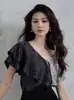 Camisa de Satén con Bloques de Color Estilo Francés de Manga Corta para Mujer, Nuevo Top Holgado Adelgazante con Volantes y Cuello en V, Verano 2025
