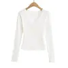 Camiseta de Manga Larga con Encaje Patchwork y Cuello en V Profundo para Mujer, Estilo Spicy Girl Pure Desire, Top Base Ajustado para Otoño e Invierno