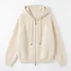Suéter de malha com capuz e zíper em lã escovada e cashmere, modelagem solta, para mulheres, cardigã de lã solto de outono e inverno para mulheres