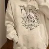 Sudadera con capucha blanca y gris para mujer, nuevo estilo popular primavera y otoño 2026, corte holgado, estilo de alta calle americano, otoño e invierno, interior afelpado y engrosado
