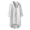 Camisa de Moda de Color Sólido Transfronteriza Europea y Americana para Mujer, Estilo Casual Algodón y Lino Corte Holgado Doble Bolsillo Camisa de Longitud Media