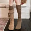 Meias de cano alto brancas de couro de bezerro para mulheres, outono e inverno, de cano alto, modeladoras, com renda, meias JK, meias largas, combinadas com botas de montaria, meias longas