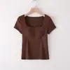 Nova Blusa Feminina de Verão com Gola Quadrada e Bojo Embutido, Top Base de Manga Curta Integrado com Bojo Integrado e Meias Mangas