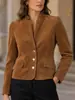 Chaqueta de gamuza color caramelo para otoño e invierno con cuello alto, cierre de tres botones, corte ajustado, estilo corto, elegante, adecuada para ir al trabajo, abrigo vintage para mujer