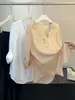 Camisa de Algodão e Linho com Bordado Pesado e Renda, Novo Estilo de Verão Estilo Old Money para Mulheres, Camisa Solta de Manga Longa Levemente Transparente, Jaqueta de Proteção Solar