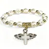 Pulseira de Anjo Transfronteiriça com Pingente de Cruz Pequena, Contas de Acrílico, Pulseira Elástica Tecida à Mão Atacado
