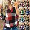 Camiseta de manga larga con cuello en V y estampado a cuadros para mujer, nueva camiseta de comercio exterior europeo y americano WISH para primavera y otoño