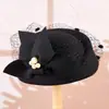 Sombrero de Red Vintage Británico para Mujer, Estilo Azafata, con Lazo de Perlas, Sombrero de Banquete, Sombrero para Actuación en Escenario, Bombín de Fieltro de Lana para Mujer