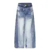 Design desconstruído retro americano, jeans de cintura dupla, unissex, nova coleção de outono, lavado, modelagem solta, perna larga, calça comprida