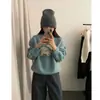 Suéter Corto de Punto Azul Redondo Estilo Coreano Lindo 'Meow Meow Little Lamb' con Lazo 3D, Colección Otoño 2025