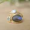 Anillo de Moda Transfronterizo de Oro de 24 Quilates con Incrustaciones de Piedra Lunar Multicolor, Anillo Creativo de Concha Multicolor de Múltiples Capas Estilo Europeo y Americano