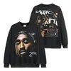Camiseta de Manga Corta con Estampado de Tupac Estilo Retro Americano Transfronteriza Sudadera con Capucha Holgada Pesada Vintage de Cuello Redondo para Hombre y Mujer