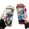 Termo de Pikachu y Gengar de Pokémon, Taza de Agua de Dibujos Animados de Aspecto Elegante con Popote, Botella de Agua Portátil para Estudiantes, Hombres y Mujeres