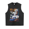 Camiseta Lavada com Estampa Desgastada Manga Curta Retro Americano Anime Solta Ombro Caído Gola Redonda Marca Tendência Verão Manga Longa Manga Curta