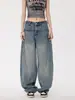 Calças DX Americanas Wide-Leg Jeans Azul Femininas Verão Lavado Design Balão Foice High Street Calças Largas